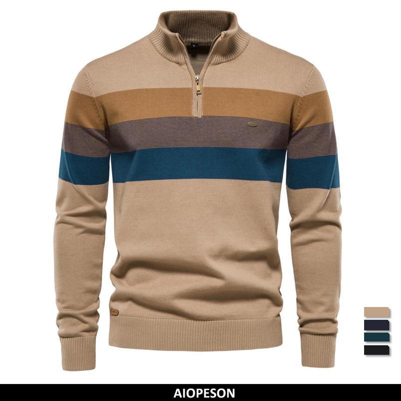 AIOPESON Mens Cotton Mock Neck Stand Collar Sweaters Quarter Zipper Pullover Autumn Winter Warm Social Casual Sweater for Men 251009