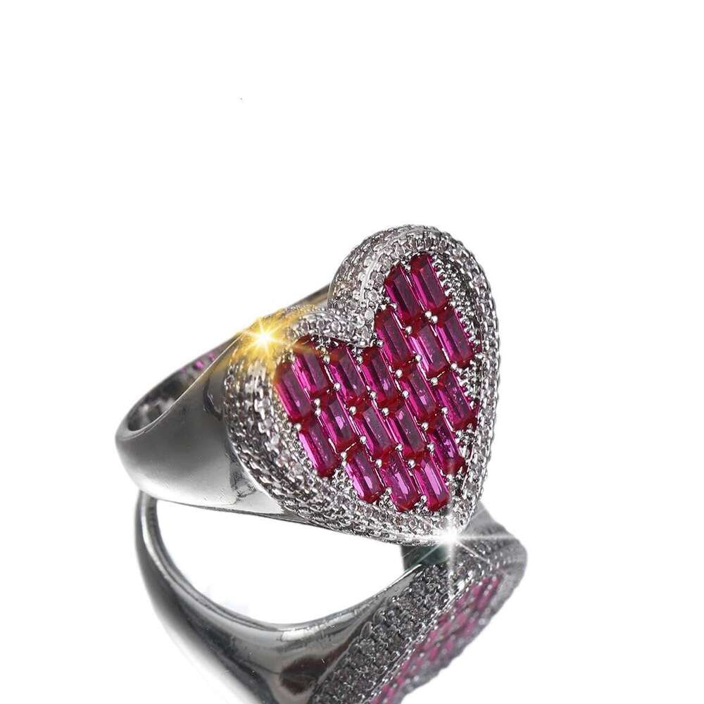 Hot Selling Item Heart-Shaped Design Micro-Paved Colorful Zircon Business Men's Hip-Hop Dominant Large Ring