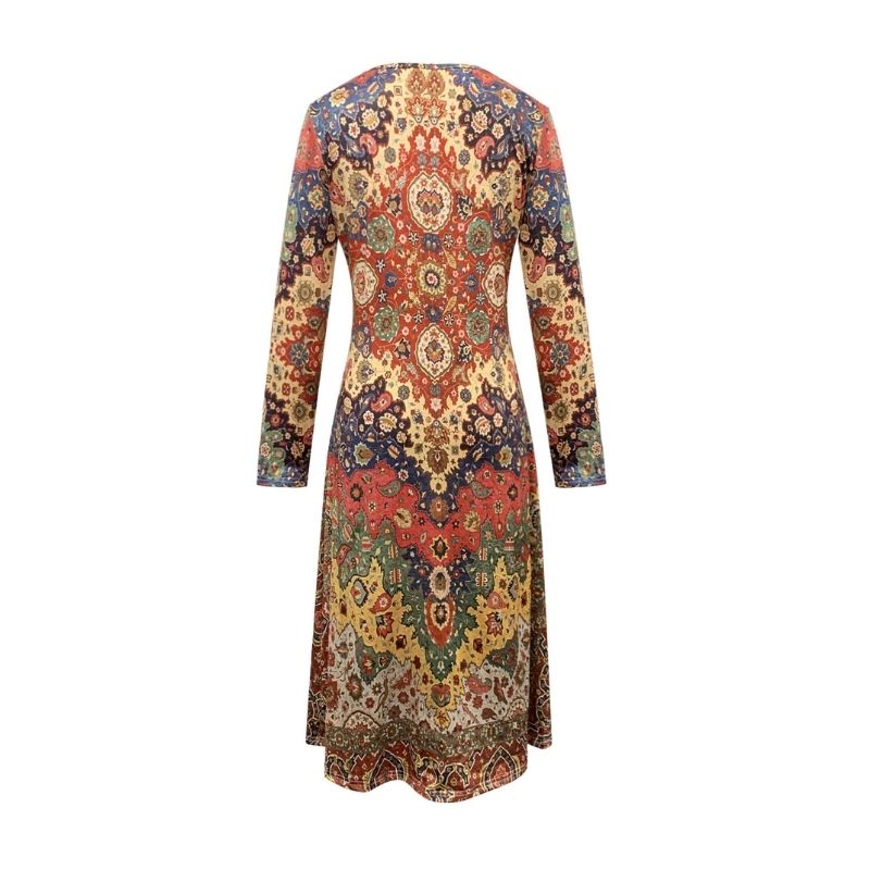 Women's Autumn Winter New Ethnic Printed Midi Dress - Versatile Commute & Vacation Dress-CF56331