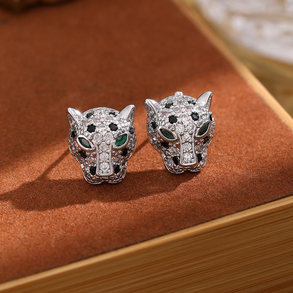 Luxury Brand Designer Jewelry New Exaggerated Leopard Head Earrings Personality Versatile Black Oil Drop Earrings Full Zircon Earrings Wholesale