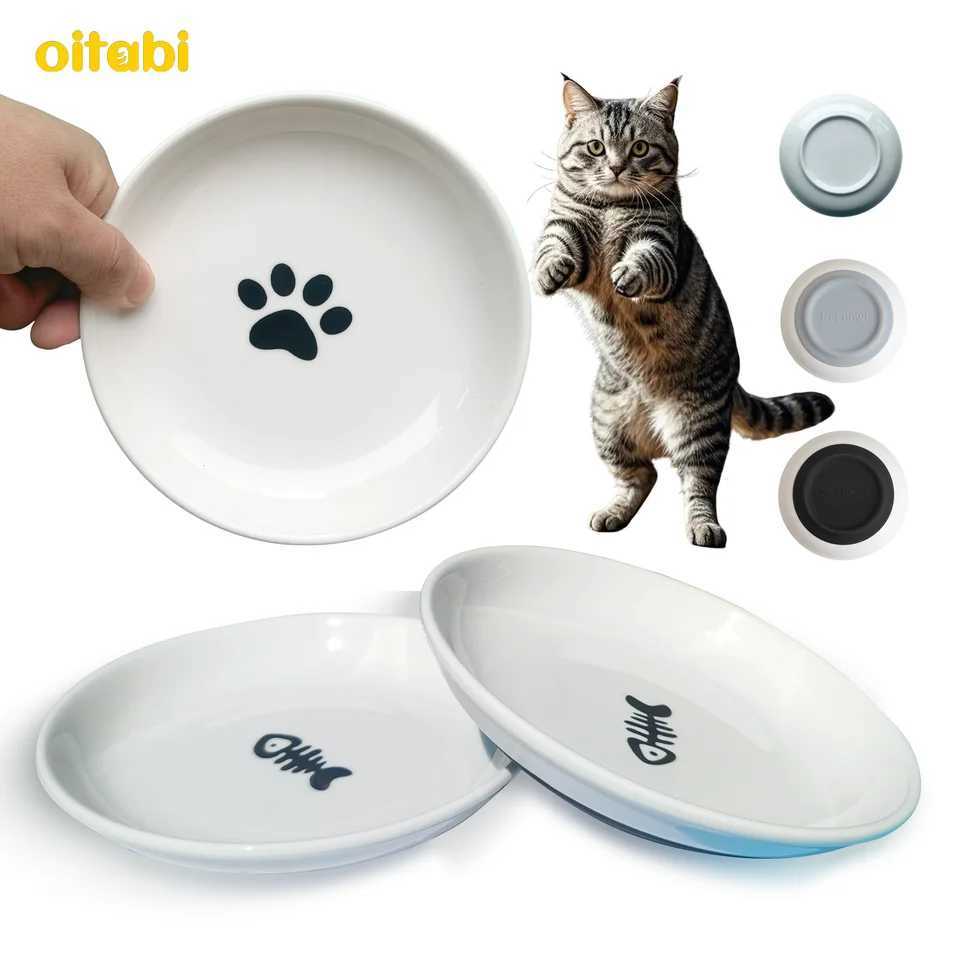 Oitabi 3PCS No Spill Cat Bowls Sets Cat Food Bowl Anti Whisker Fatigue Ceramic Cat Dishes Set Shallow Wide Kitten Plates C251009