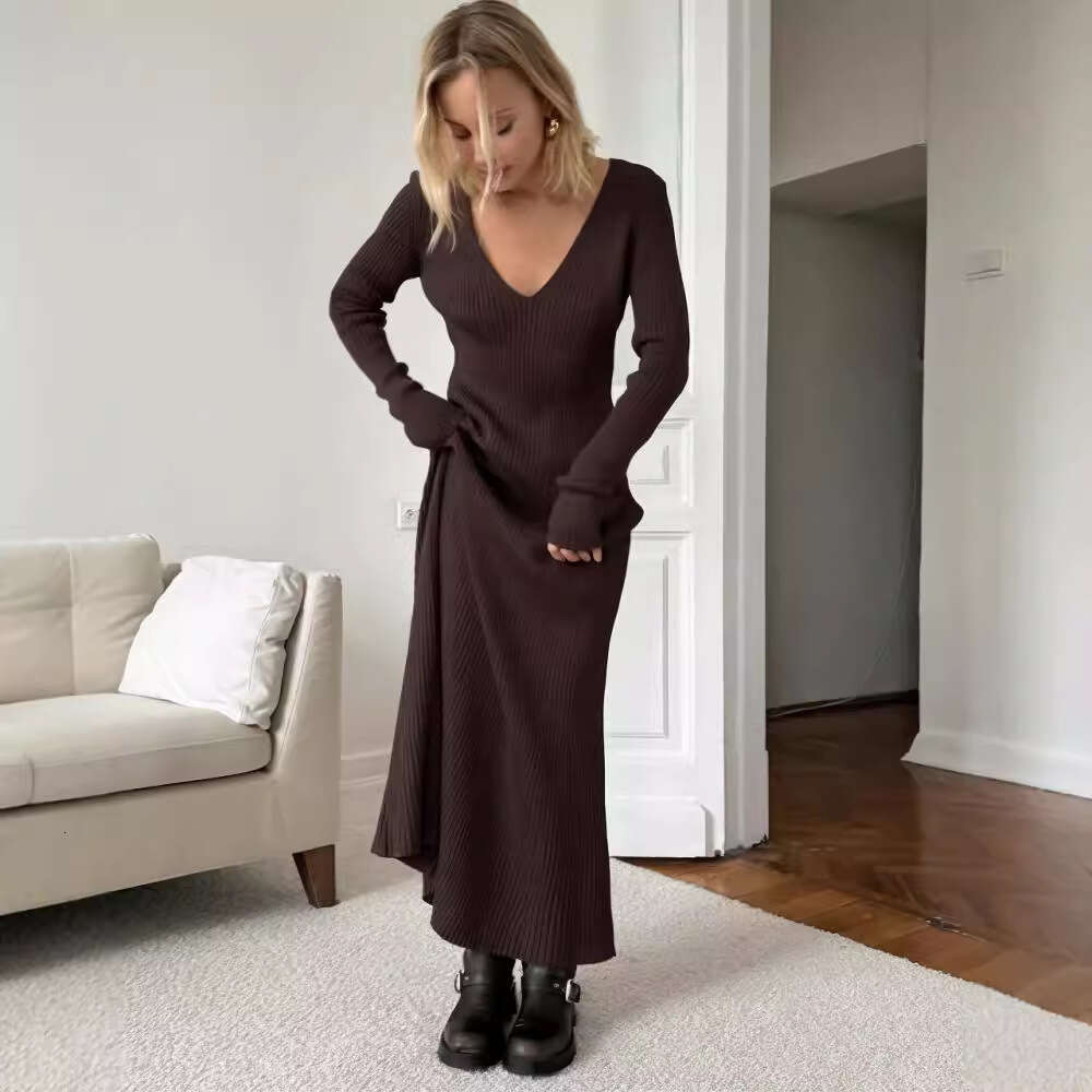 Long Sleeve Knitted Autumn Winter Outer Wear Bottoming Sweater V-Neck French Style Sexy Dress B5