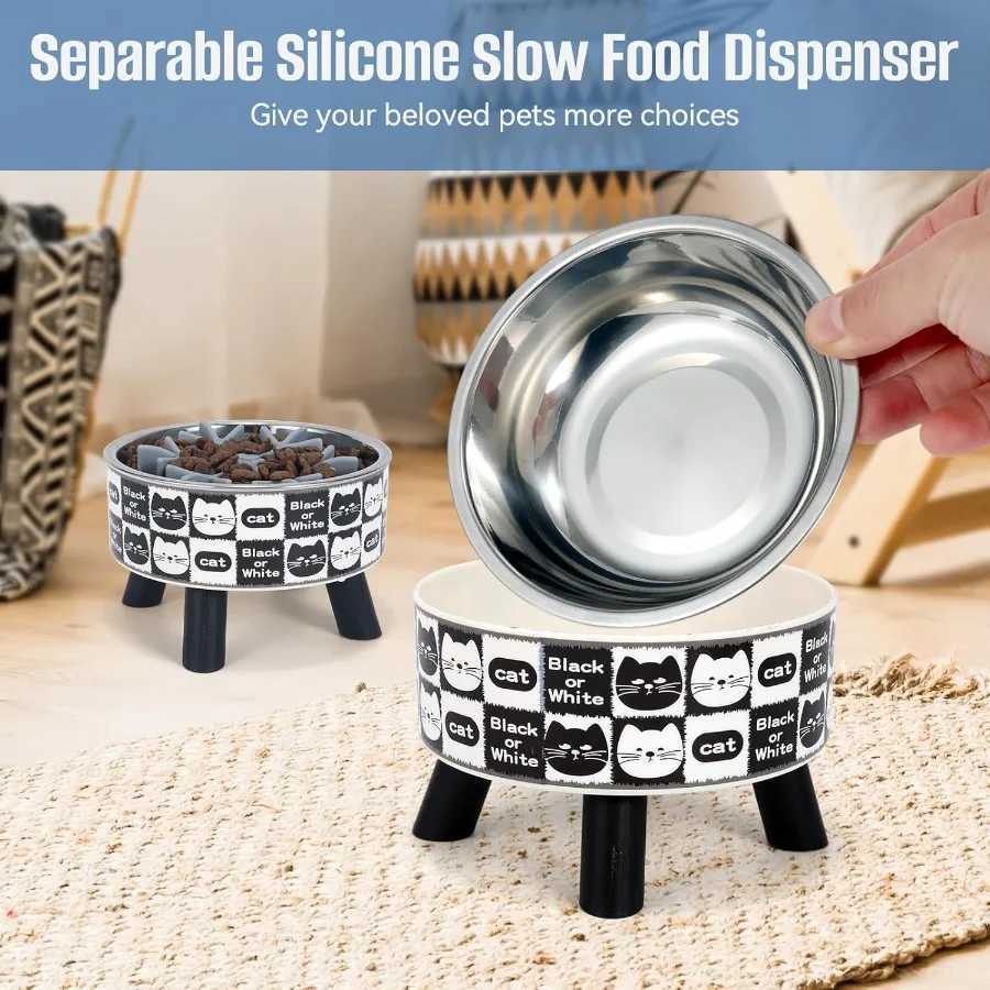 2PCS Elevated Cat Bowls with Slow Feeder Wide Raised Stainless Steel Cat Dishes Plastic Stand Silicone Slow Food Dispenser Whis C251009