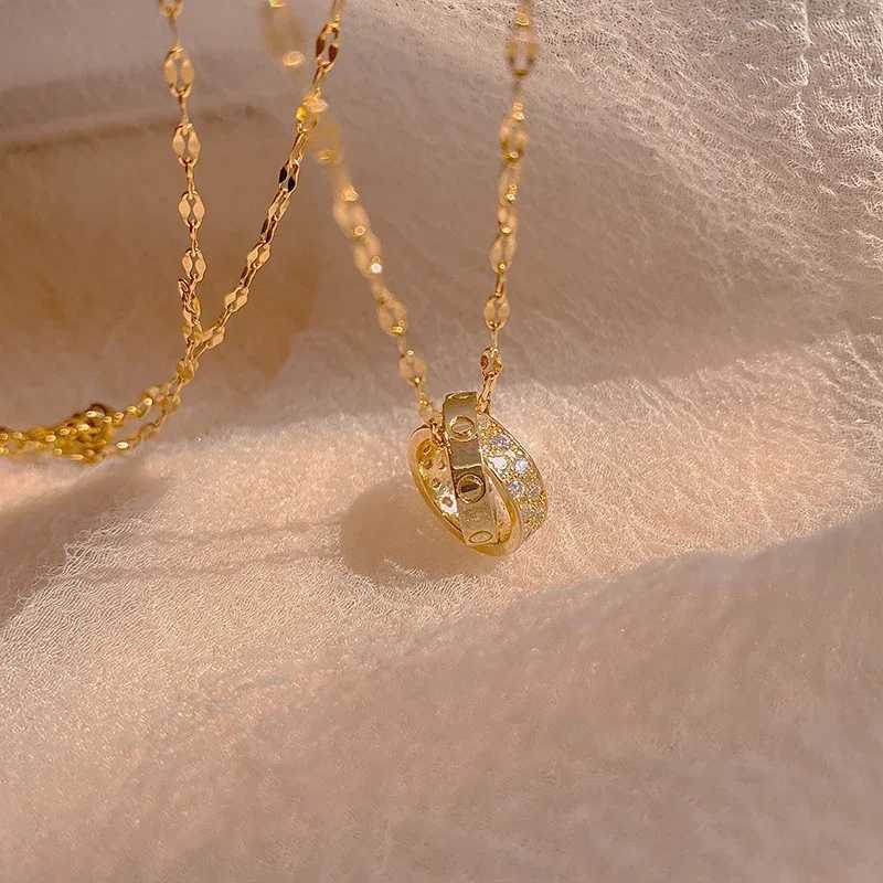 Stainl Steel Zircon Tren Exquisite Double Ring Round Chain Necklace for Women Girl High Quality Pendant Jewelry AAAXJ251010