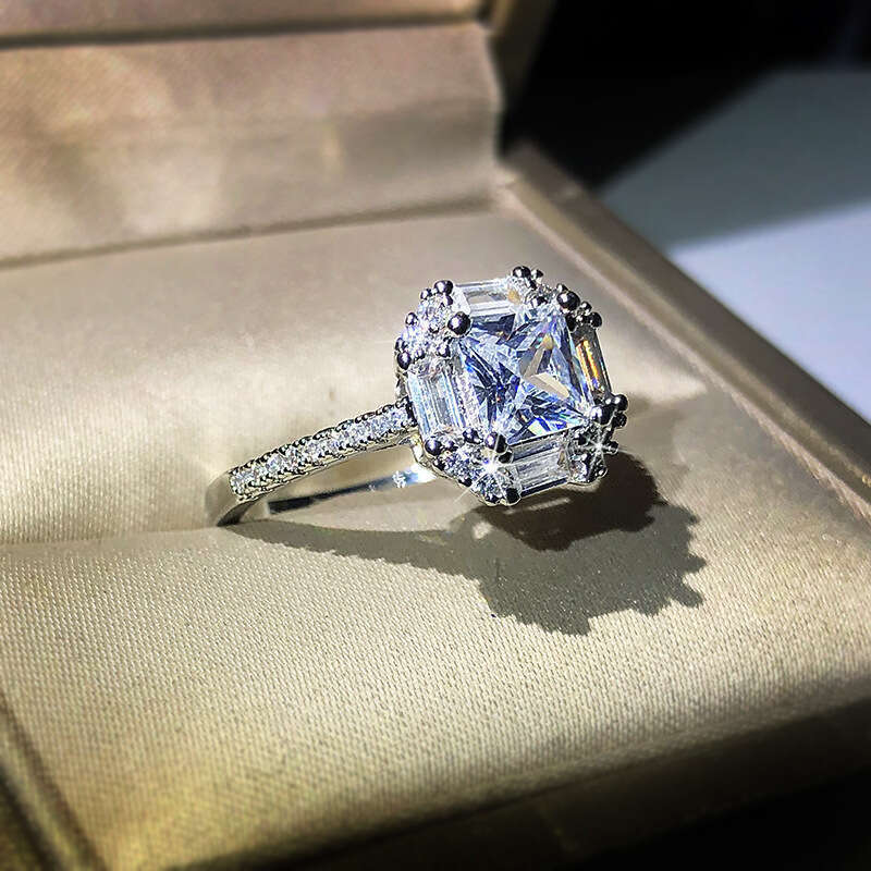 Designer Jewellery High Quality Moissanite Plated Four Prong Princess Cut Diamond Ring Wedding Couple Rings Fresh Sweet Textured Modern Bridal Jewelry - view 5