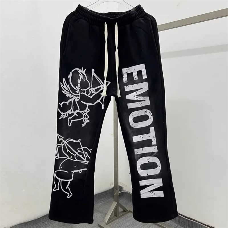 MIXED EMOTION Angel Print Pants Men Women Pure Cotton Washed Blue Oversized Drawstring Sweat Pants X251010