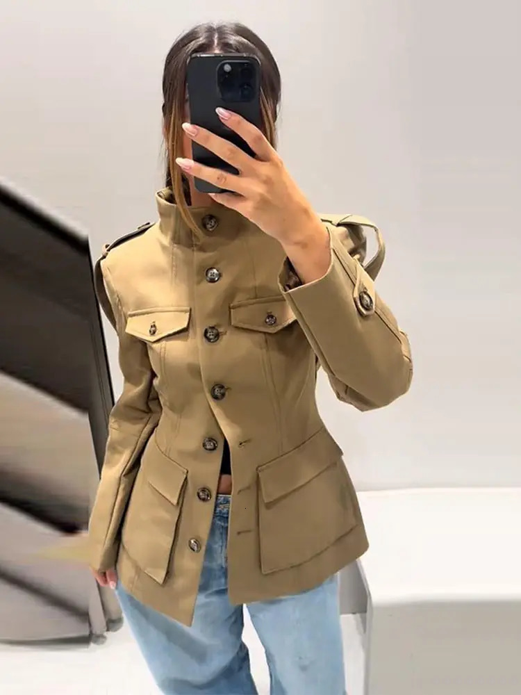 Stand Collar Khaki Cropped Trench Coat Jacket With Pockets Womens Spring Fall Button Front Slim Fit High Street Lady Outerwear251009
