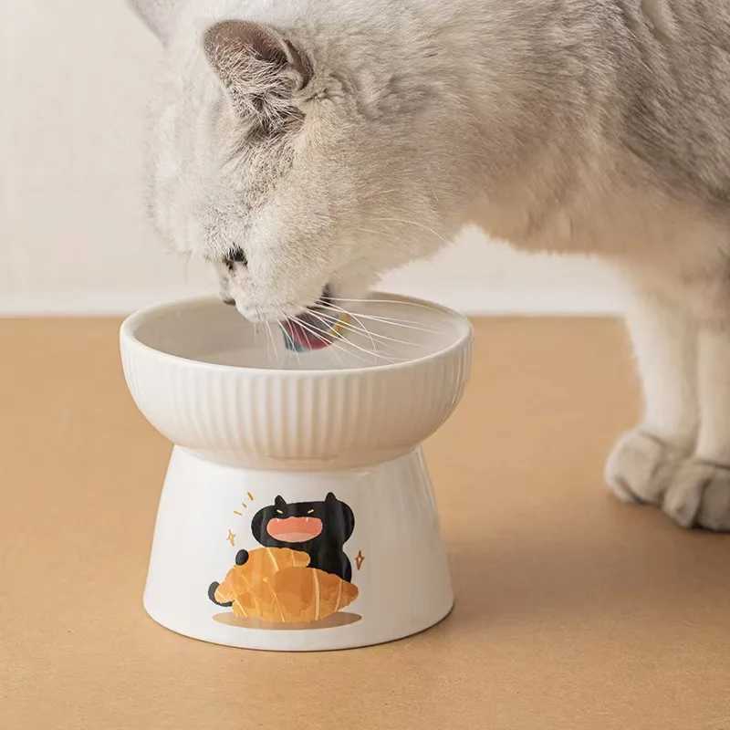 Elevated Ceramic Cat Bowl Wide Mouth AntiSlip Pet Dish Neck Protection Design Prevents Spills C251009