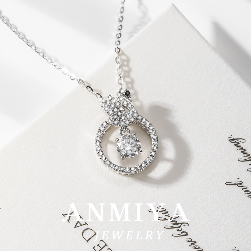 High Polish 925 Silver Jewelry Necklace, Sparkling Swan Necklace for Brides