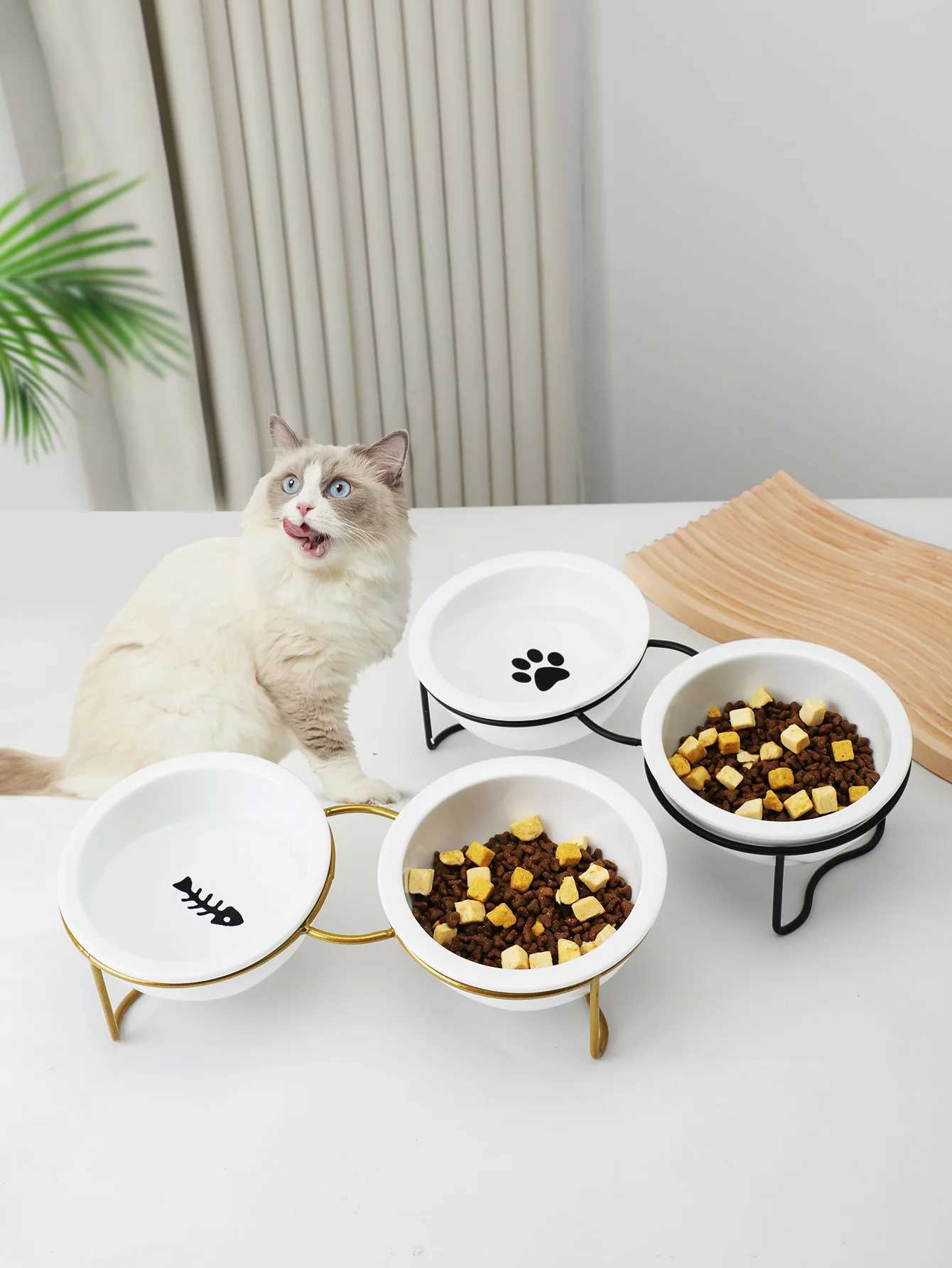 1 Set Elevated Ceramic Cat Bowls 1 Set NonSlip Ceramic Cat Food And Water Bowls With Iron Bracket Elevated Tilted Cat Feeder C251009