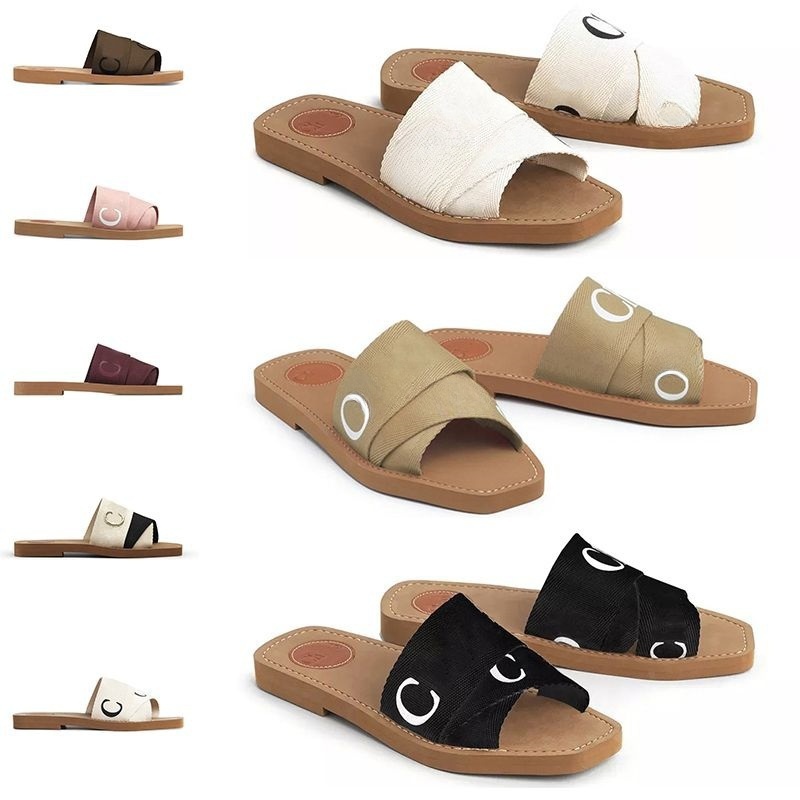 designer Woody sandals for women Mules flat slides Light tan beige white black pink lace Lettering Fabric canvas slippers womens summer outdoor shoes 36-42