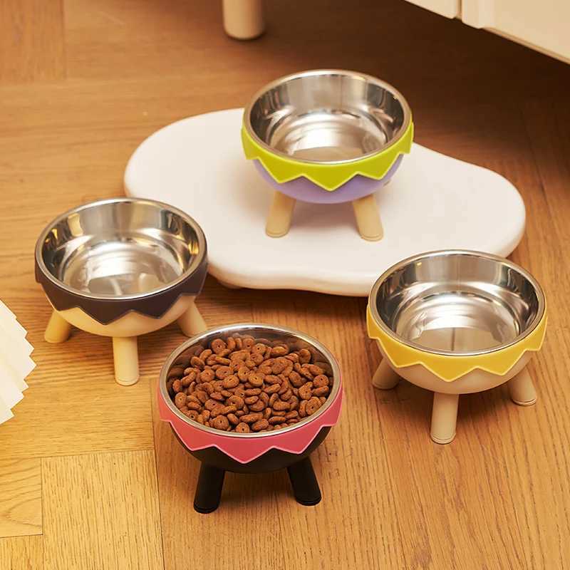 A colorful dopamine pet bowl Fashion feeding large capacity stainless steel dog bowl drinking water neck cat bowl egg shell high C251009