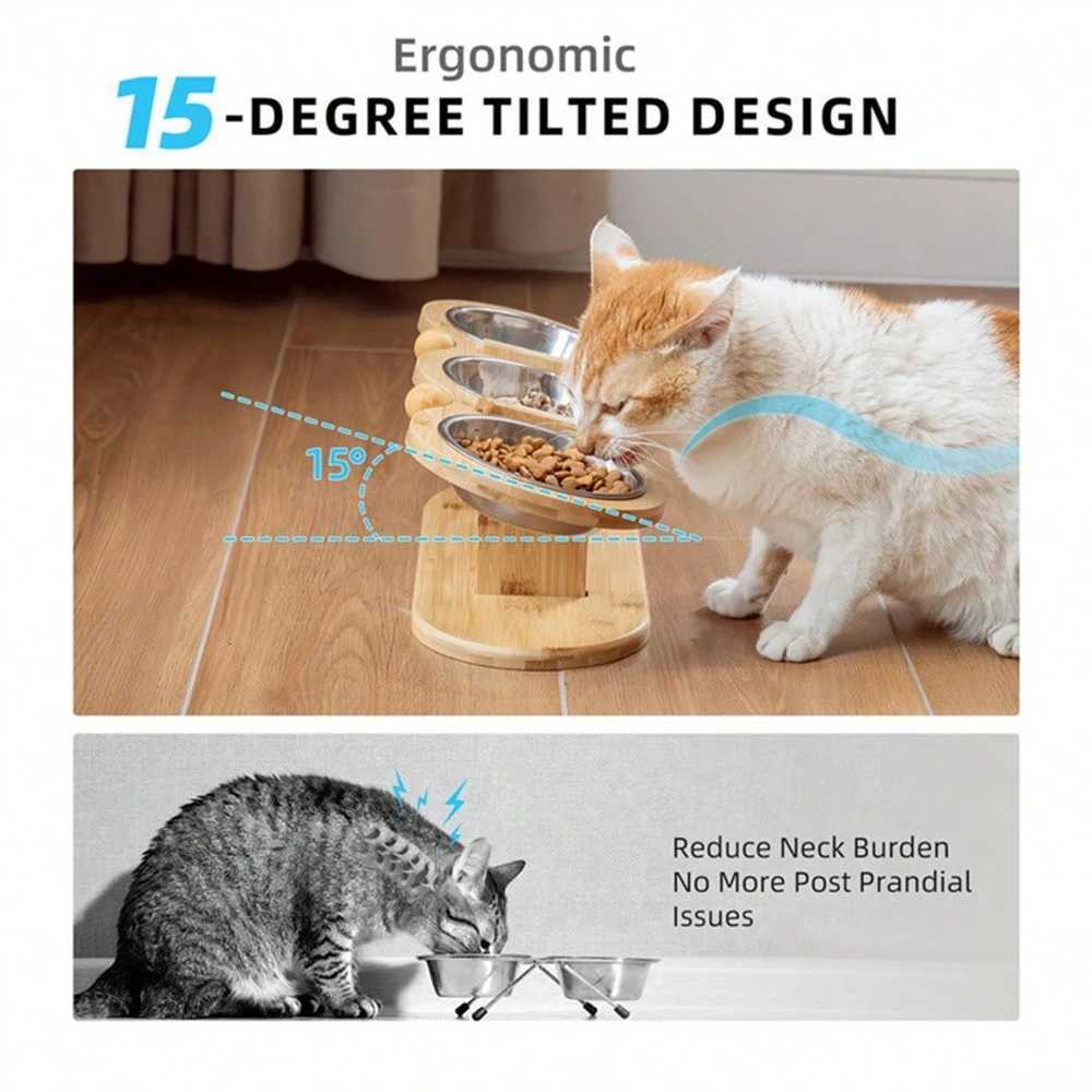 Cat 3 Bowls in 1 Feeder Feeding Watering Supplies Food Bowl 15Degree Tilt Raised Puppy 3 Stainless Steel Bowls Wood Brackets C251009