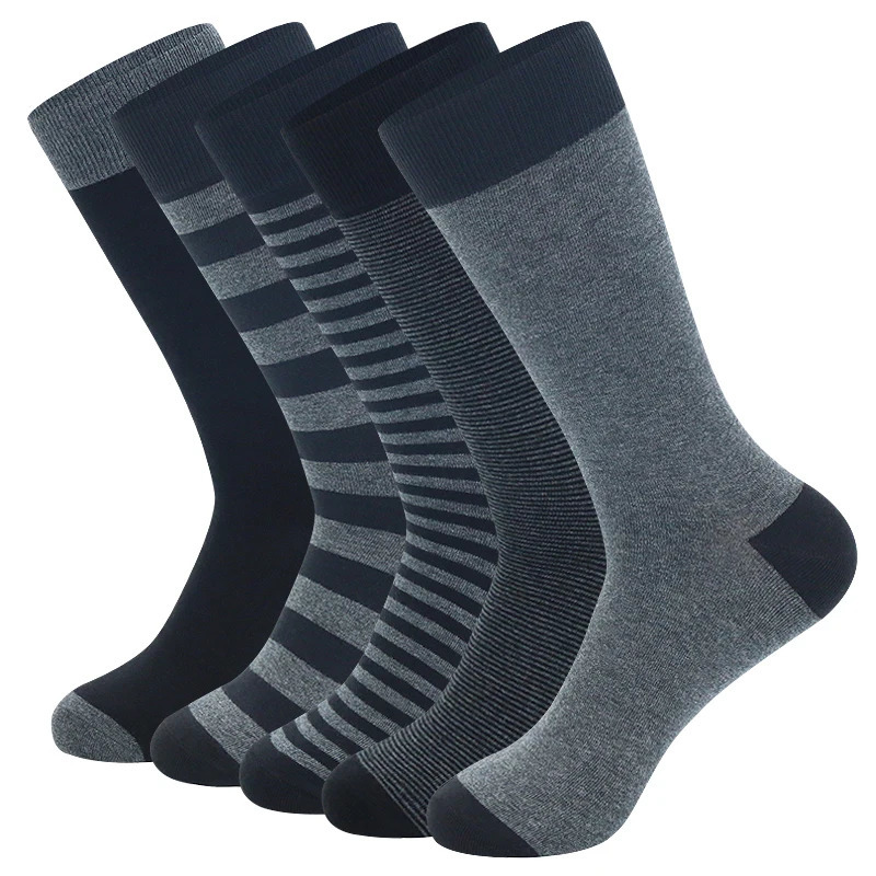 5 Pairs Large Size Fashion Business Men Dress Socks High Quality Stripe Black Gray Pure Men Cotton Socks Size EU4148251009