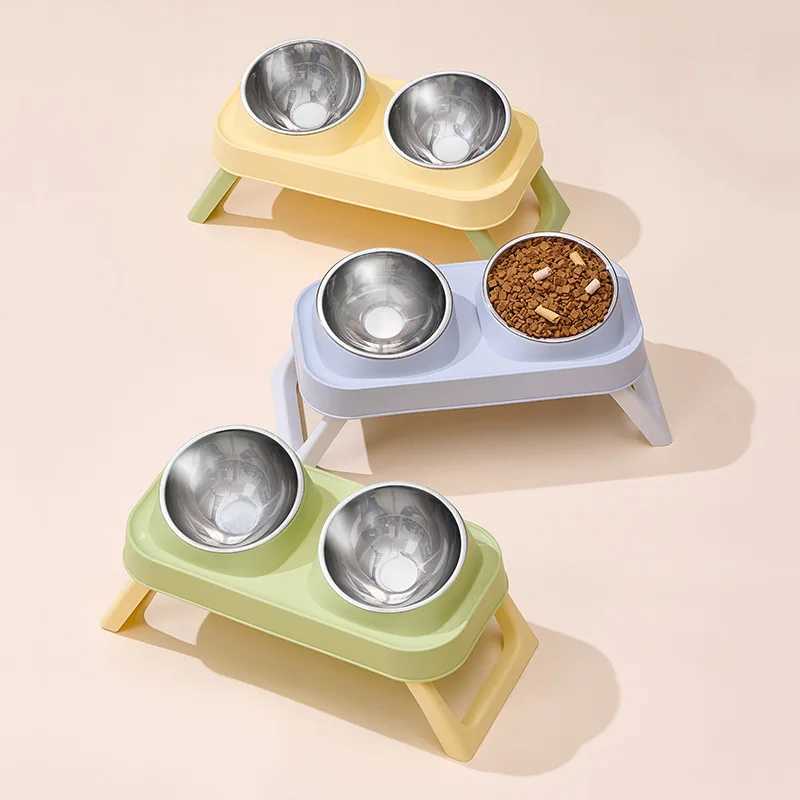 Stainless Steel Elevated Cat Bowl Dual Dish AntiSlip NonTip Raised Feeder Neck Support for Pets Dogs Cats C251009