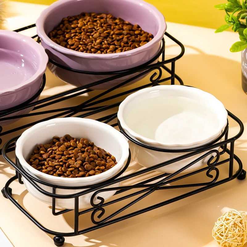 Ceramic Pet Bowl for Cats Dogs Elevated Neck Protection NonSpill Food Water Feeder C251009