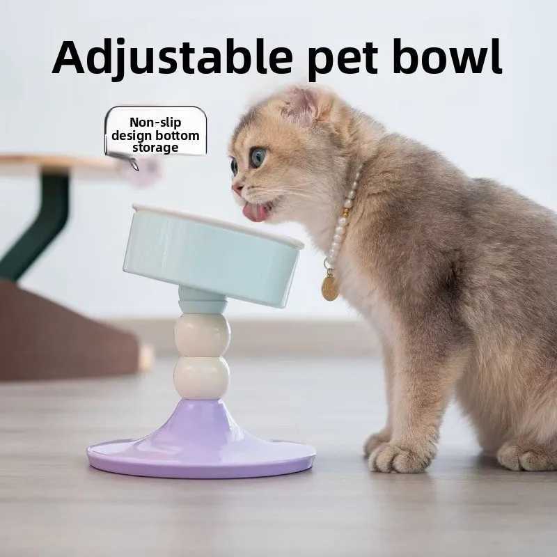 Pet Lifting Cat Bowl Adjustable Ceramic Cat Bowl Tilting Neck Protector High Foot Bowl Feeding Dog Bowl Edible C251009