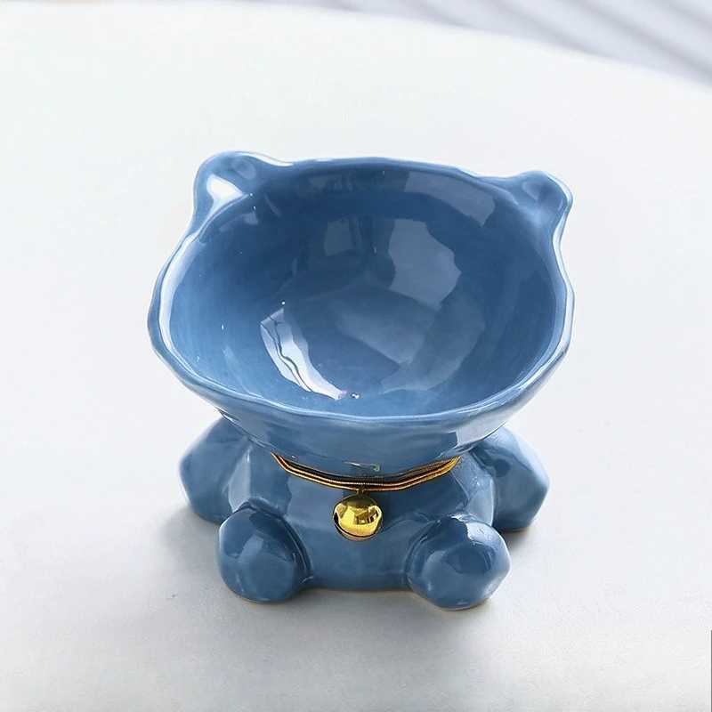 New Cat Bowl Ceramic Large Diameter Pet Bowl Diagonal Mouth Neck Protection Cat Food Bowl High Foot Cartoon Animal Ceramic Bowl C251009