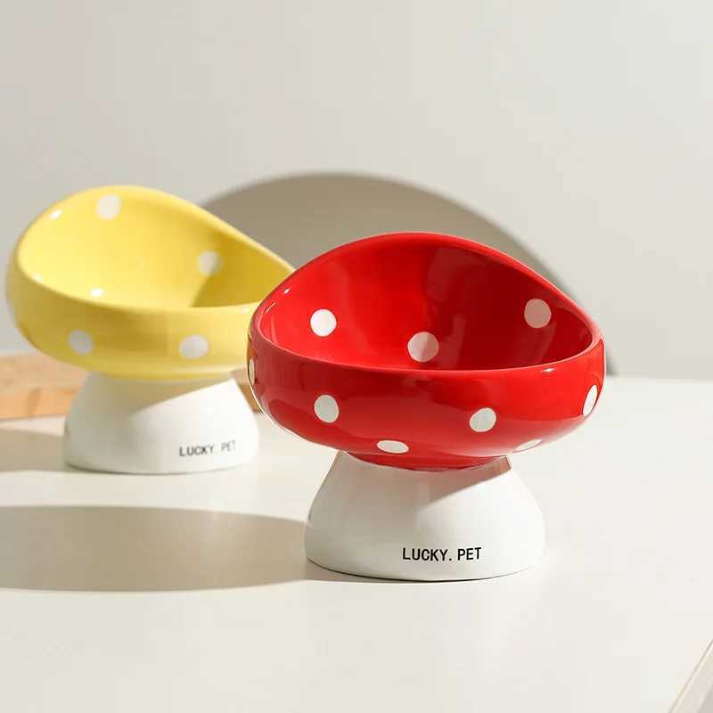 Mushroom cat bowl ceramic neck protection pet cat dog slanted mouth anti knock anti black chin high foot bowl C251009