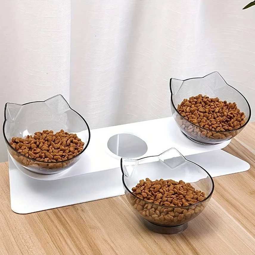 Three in one ergonomic pet bowl set with tilt design and high stand neck protection durable PP material C251009