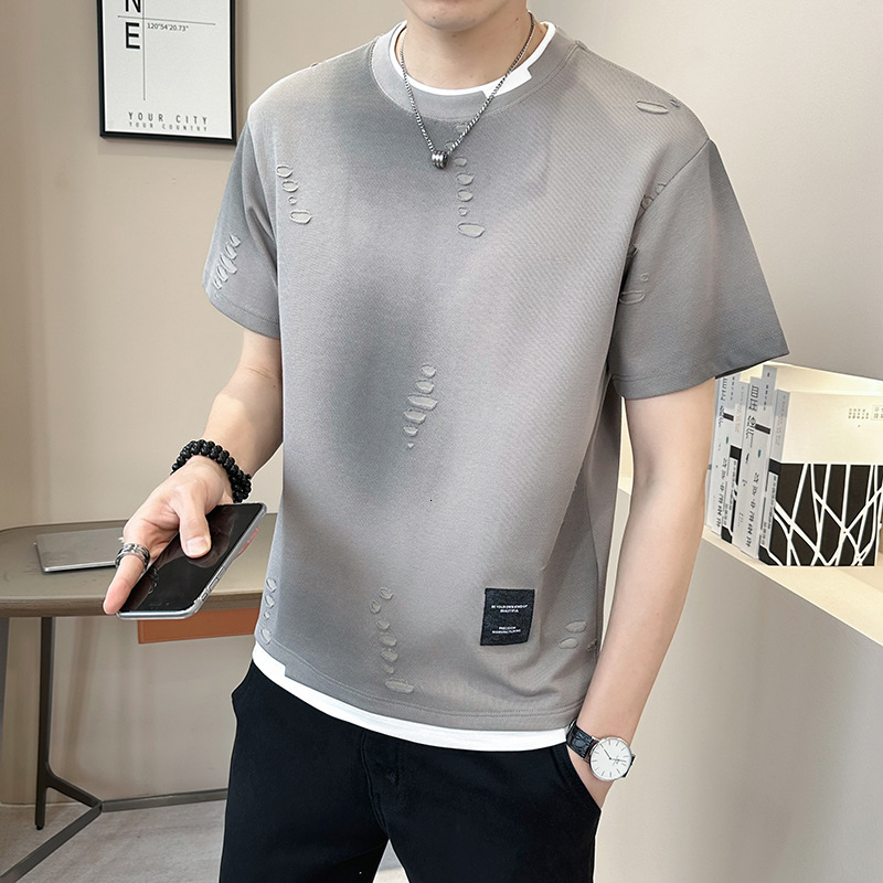 Two-piece Short Sleeve Men's Heavy Gradient Ice Silk T-shirt 2025 Summer Loose Designer Hoodie Designer Shirt High-end Feel Distressed Half Sleeve Men