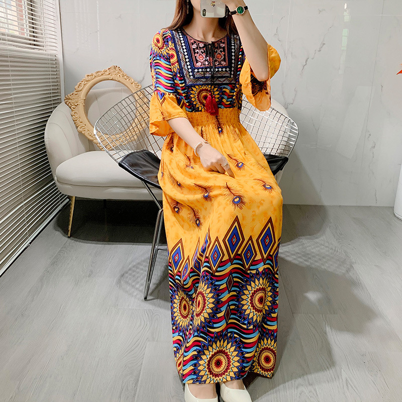 Womens evening dress retro print Sundress summer flame sleeves casual loose Vestido 250328