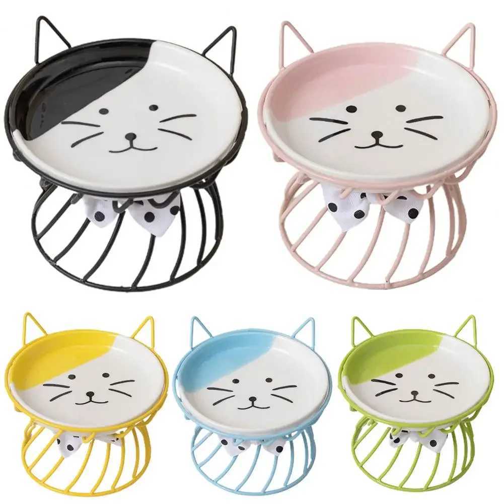 Cat Bowl Ceramic High Foot Neck Guard Food Bowl Shallow Mouth Large Diameter Pet Food Dish Garfield Cat Special Flat Face Bowl C251009