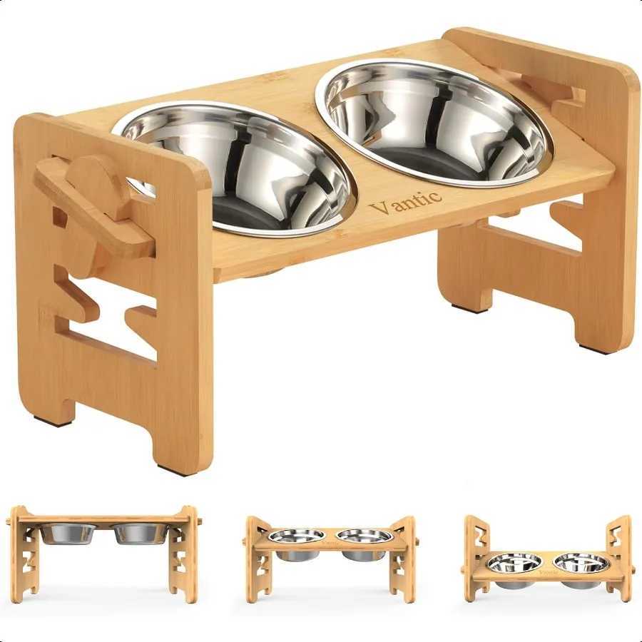 Elevated Dog Bowls Adjustable Raised Dog Bowl Stand for Small Puppy and Cats Sturdy Bamboo Pet Food Feeder with 2 Stainl Steel C251009