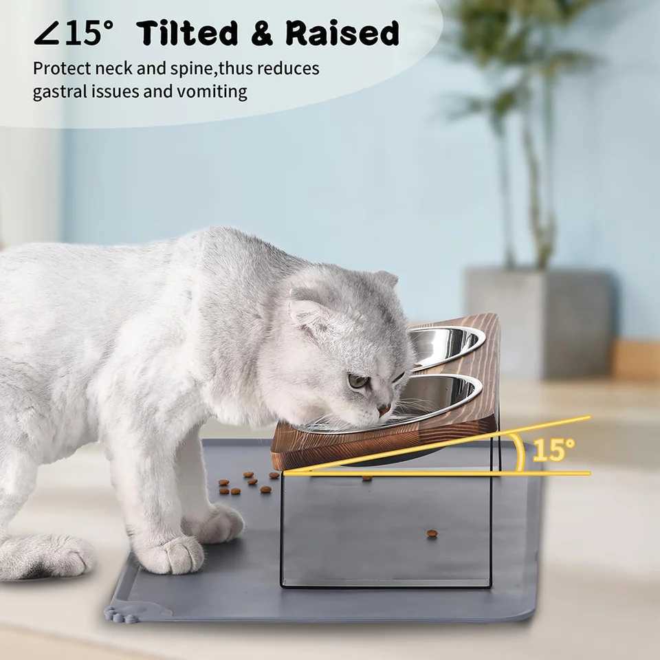 Upgraded Elevated Cat Bowls with Food Mat 15Tilted Stand Anti Vomiting Raised Cat Dishes 2 Stainless Steel Bowls for Puppy C251009
