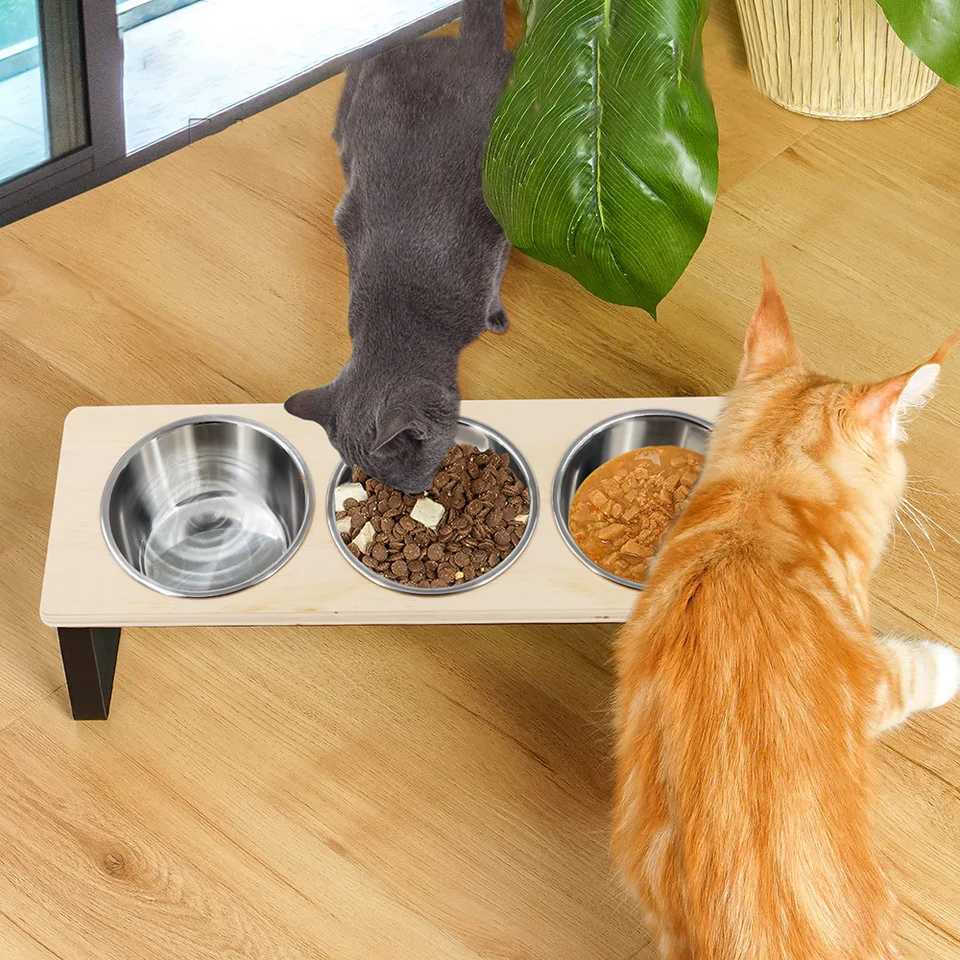 Heightened cat food bowl water bowl iron frame threeslot dog bowl 3 stainless steel bowls suitable for cats and small dogs C251009
