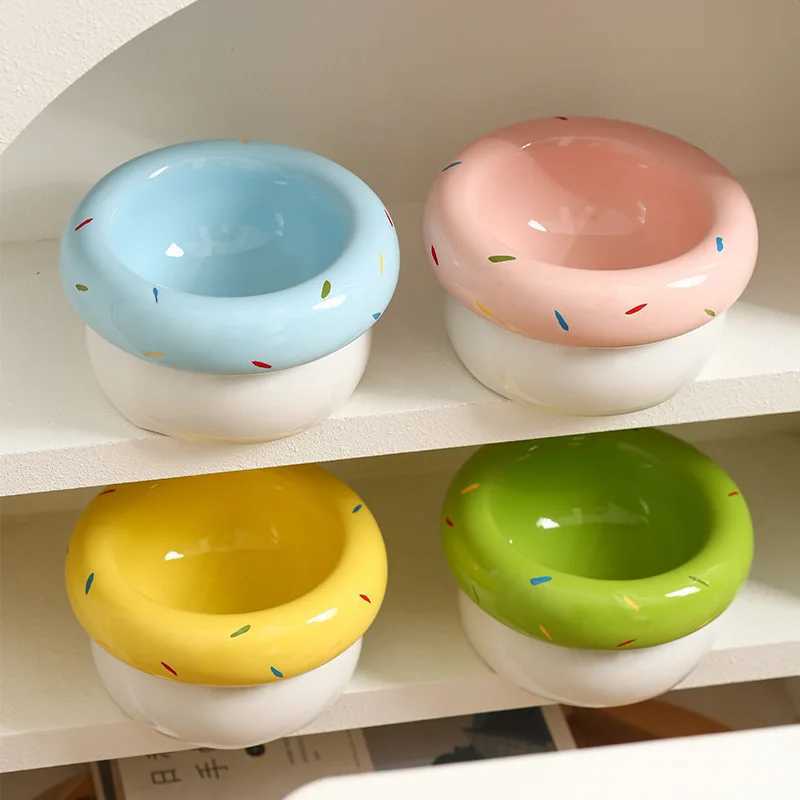 Donut Ceramic Pet Bowl Wide Mouth CatDog Dish NonSlip Heavy Base AntiTip Food Water Bowl Cute Design C251009