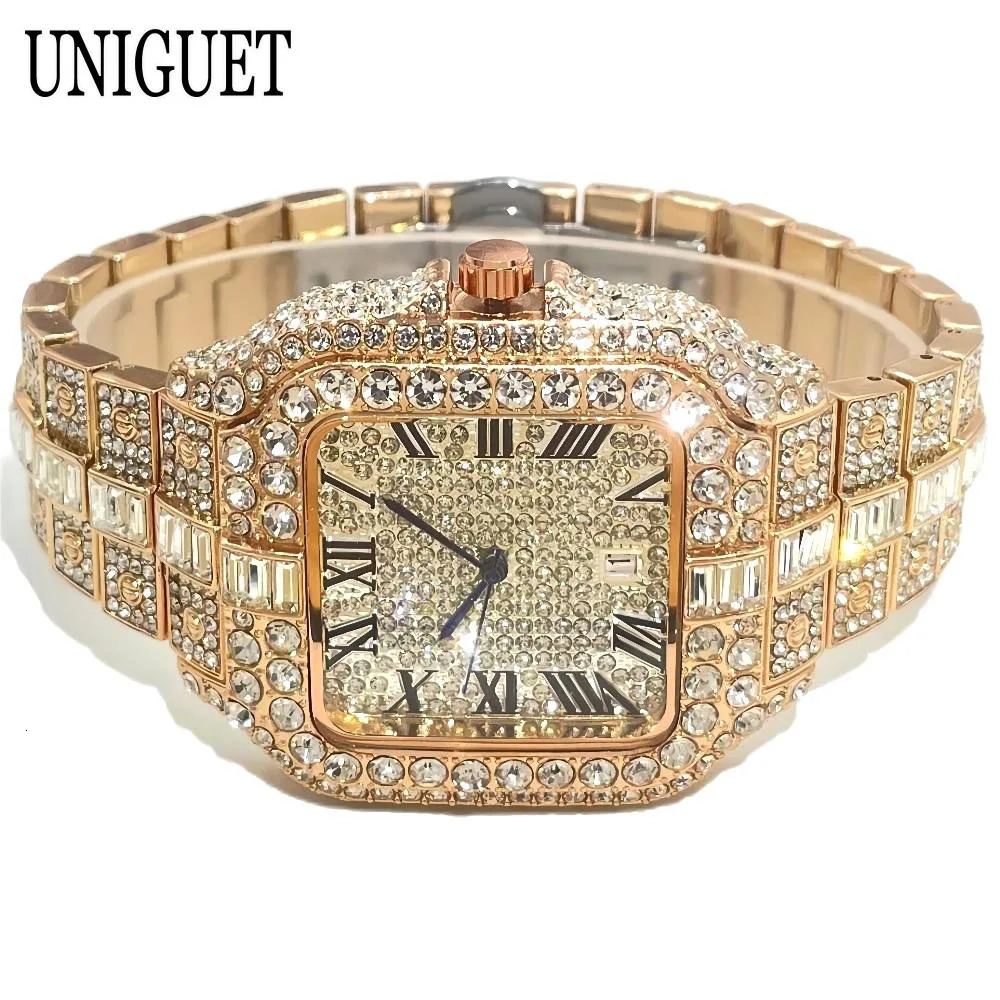 UNIGUET Fashion Watch For Men Rose Square Iced Out Quartz Watch Man Hip Hop Full Diamond Jewelry Wristwatch Reloj HombreU 251107