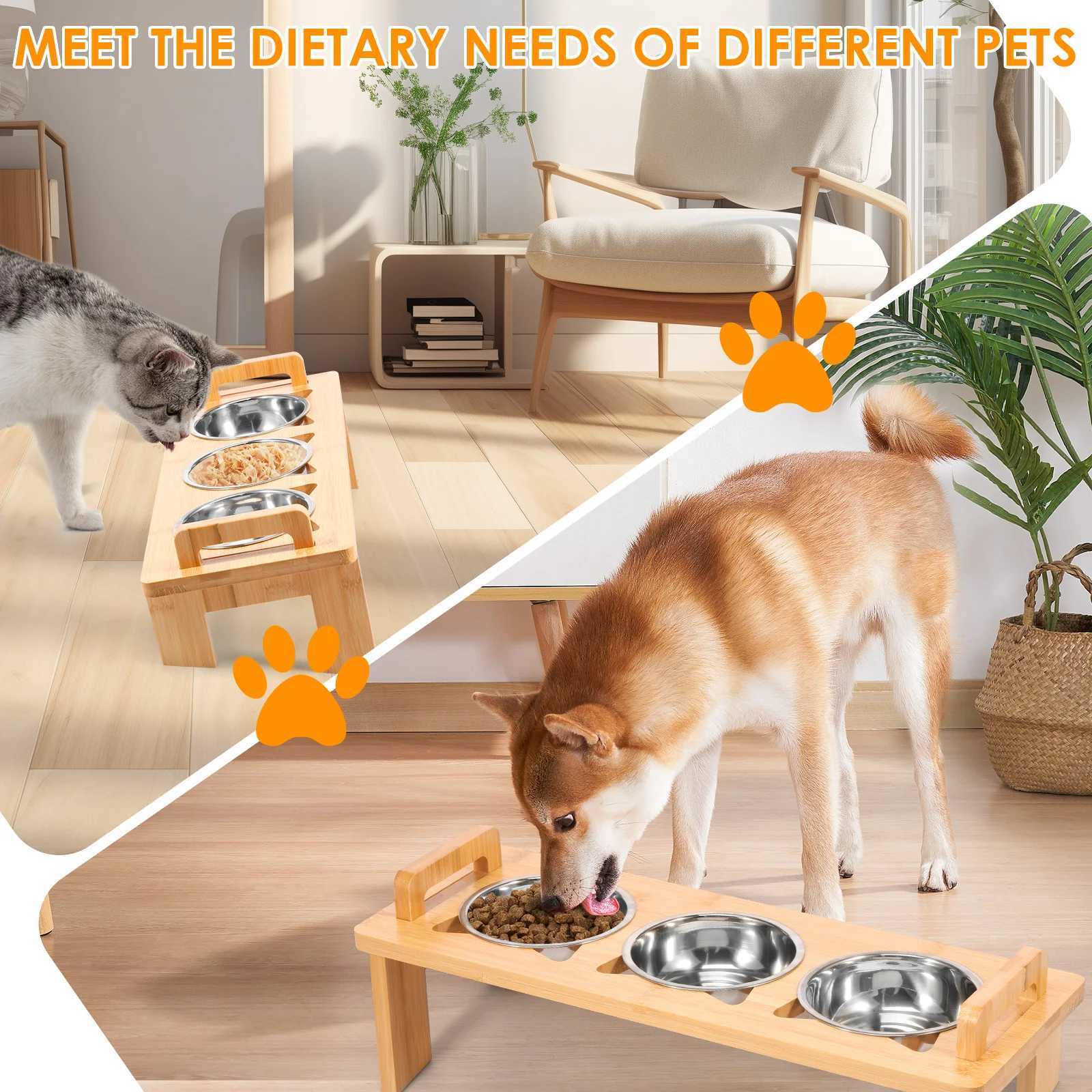 Stainless Steel Elevated Cat feeder Bowl Stand with 3 Dishes Feeder for Dry Wet Food Water AntiSlip Double Handl Cat accessories C251009