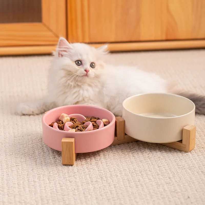 Creative Simple Solid Color Pet Bowl With Bowl Stand To Prevent Tipping Over Cat Bowl AntiChoking Feeding Bowl Cat Water Bowl C251009