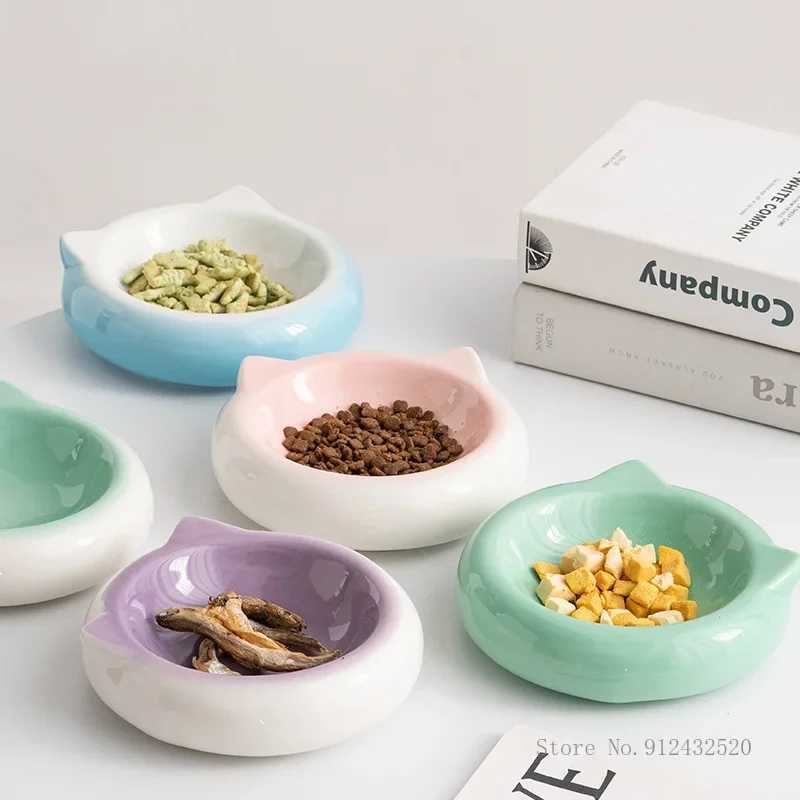 Creative Ceramic Flat Bottomed Cat Ear Shape Food Bowl Dining Plate Anti Overturning Pet Supplies Drinking Bowl 1Pc C251009