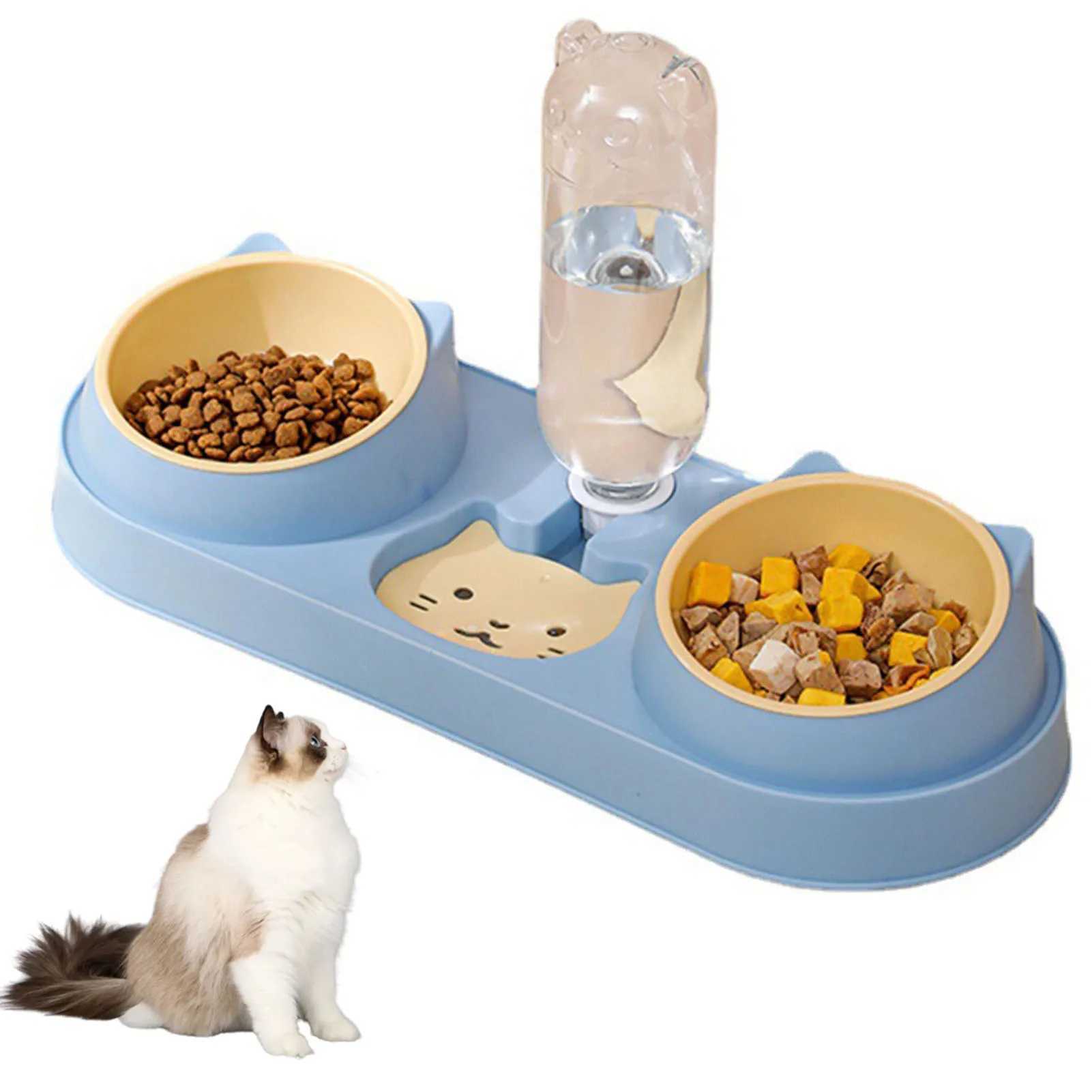 Pet Cat Bowl Automatic Feeder Dog Food Bowl With Water Fountain Double Bowl Drinking Raised Stand Dish Bowls For Cats C251009