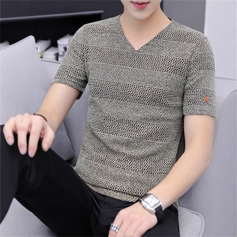 2025 Summer New Ice Designer Shirt Silk Hollow Out Designer Hoodie Men's Short Sleeve T-shirt Knitted Mesh V-neck Half Sleeve Thin Tee Trendy