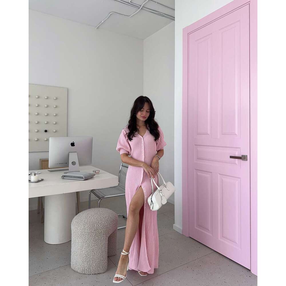 Puff Sleeve Single-Breasted Lemon Yellow Fashion Spring Summer Sexy Knit Dress B5