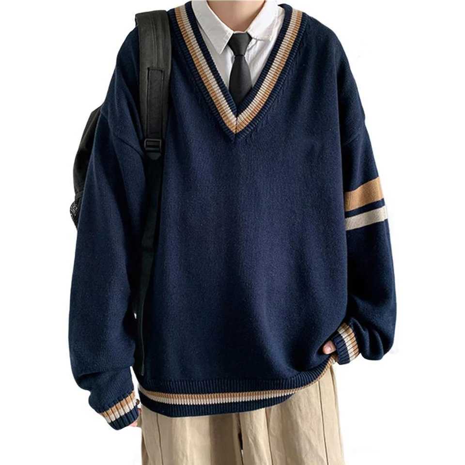 Mens Vneck Knitted Sweater Korean College Style Couple Loose Long Slve Top X251010