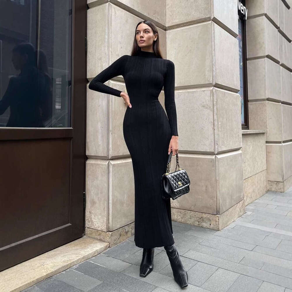 Autumn Winter Long Sleeve Knitted High Neck Tight-Fitting French Elegant Base Striped Sweater Dress B5