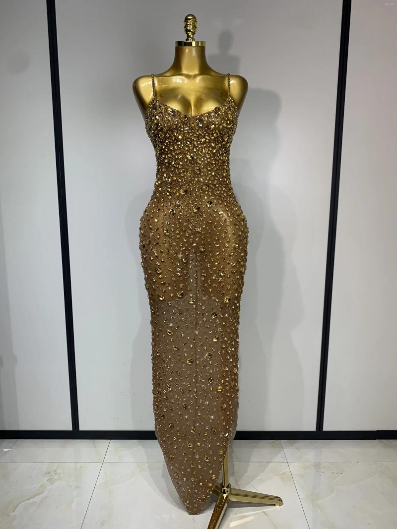 Casual Dresses Luxury Rhinestones Sexy Mesh See Through Bodycon Dress Women Birthday Evening Cocktail Party Gown Red Carpet Club Stage