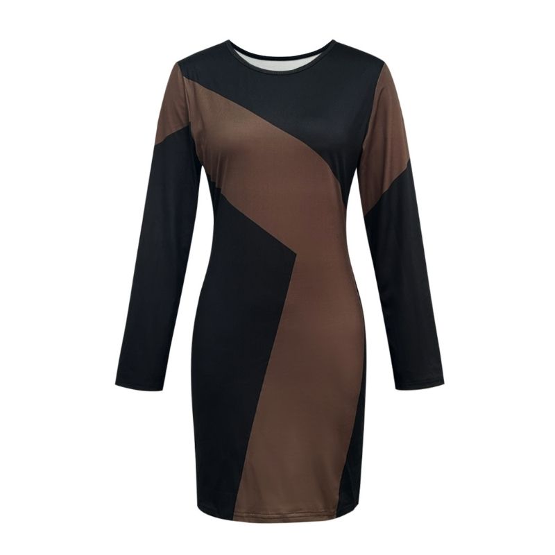 Women's Autumn Winter Fashion Geometric Color - Block Long - Sleeve Dress - Elegant Casual Crew Neck Dress-CF56221
