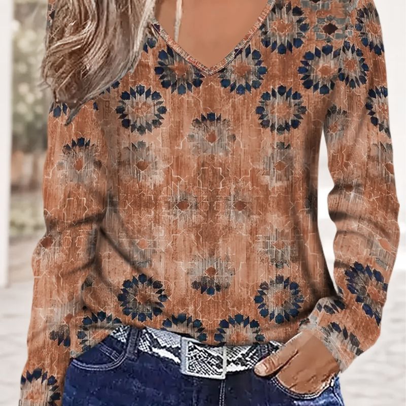 Women's Autumn New Fashion Casual Floral Print V - Neck Long - Sleeve T - Shirt-CF56242