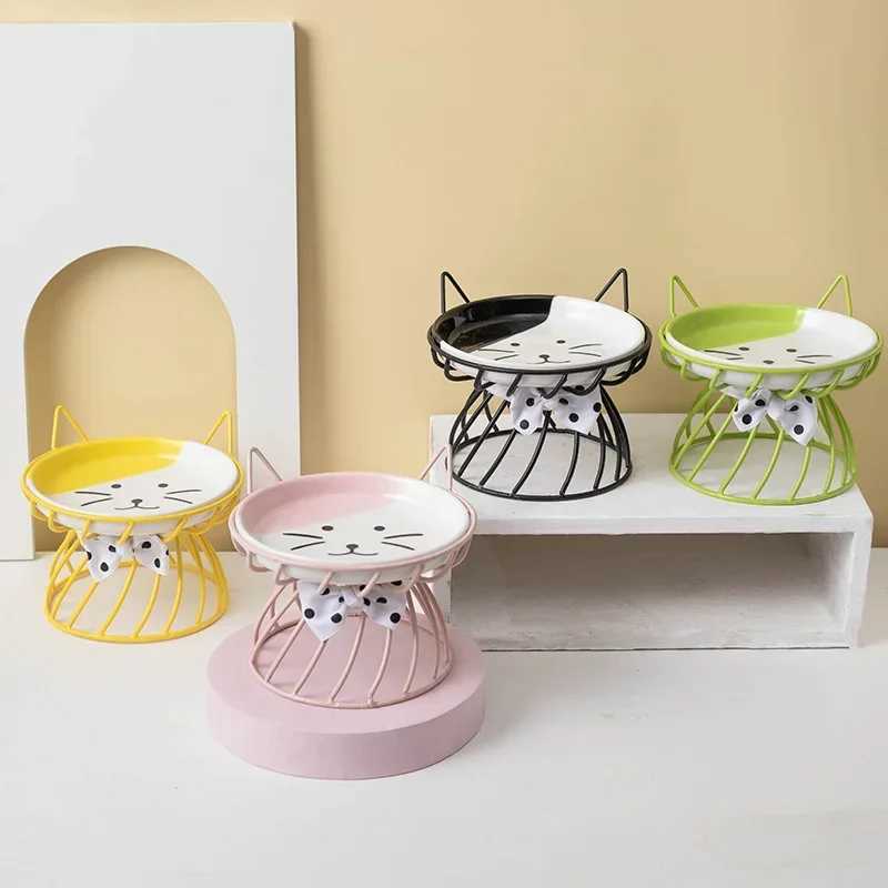 Cat Bowl Ceramic HighFoot Neck Guard Food Bowl Shallow Mouth Large Caliber Pet Food Bowl C251009