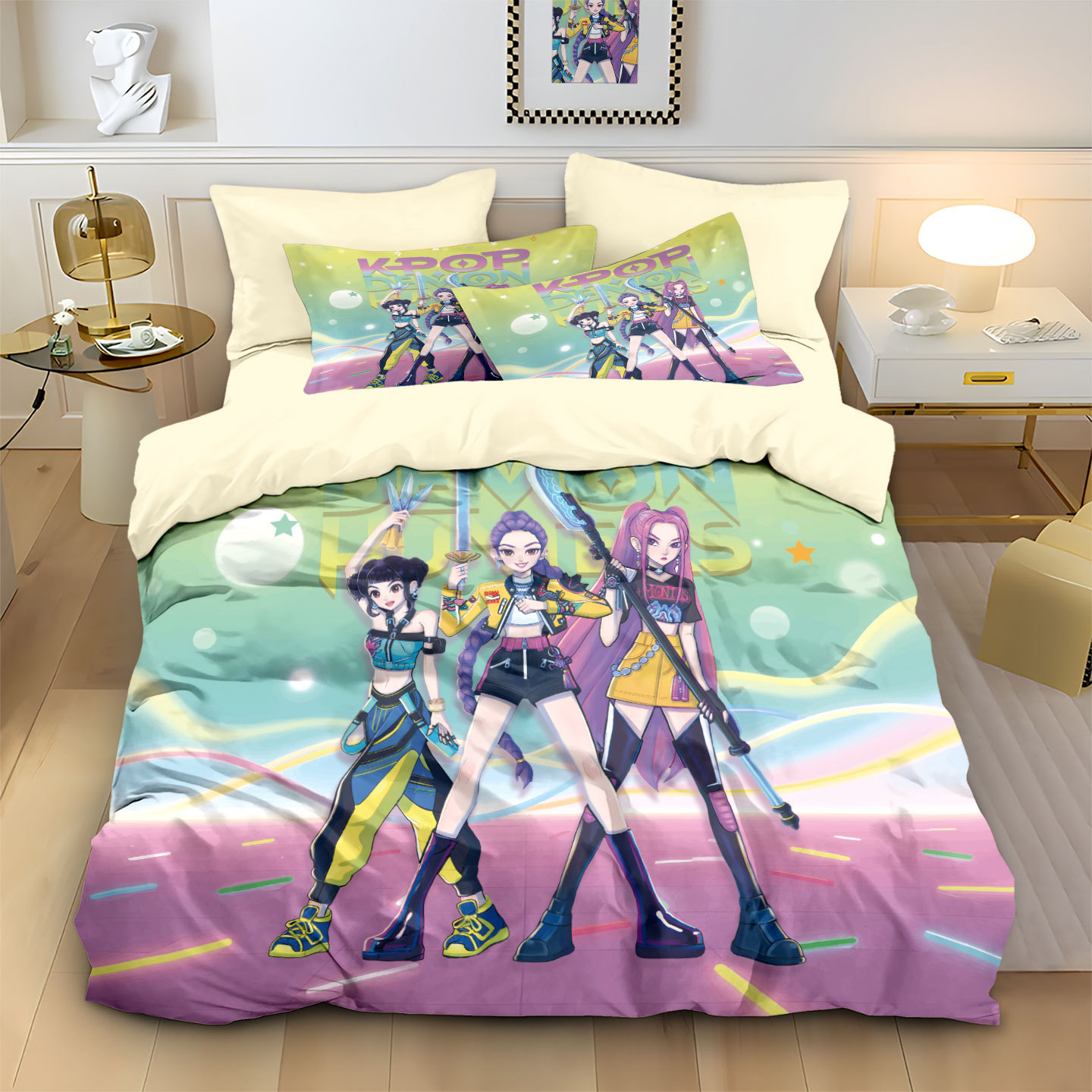 Kpop Demon Hunters Bedding Pillowcase and duvet cover 3pcs set Hunters Themed Colorful Print Single Twin Full Queen King Size Bed Set Adult Kids Beddi