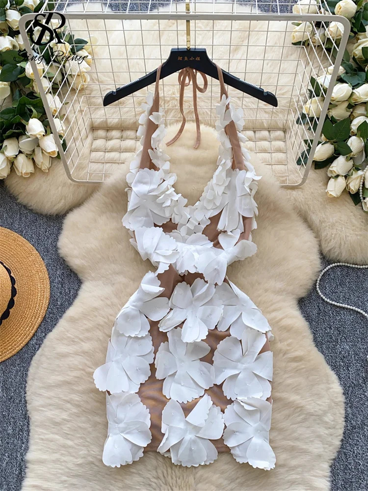SINGREINY High Quality 3D Floral Dress Female Halter Sleeveless Backless sweet Dress French Short Cocktail Sundress 251010