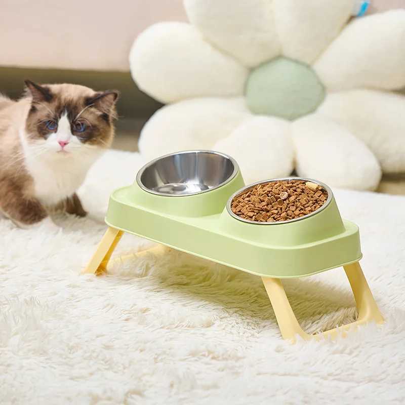 Stainless Steel Elevated Cat Bowl Dual Dish AntiSlip NonTip Raised Feeder Neck Support for Pets Dogs Cats C251009
