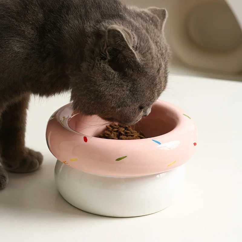 Donut Ceramic Pet Bowl Wide Mouth CatDog Dish NonSlip Heavy Base AntiTip Food Water Bowl Cute Design C251009