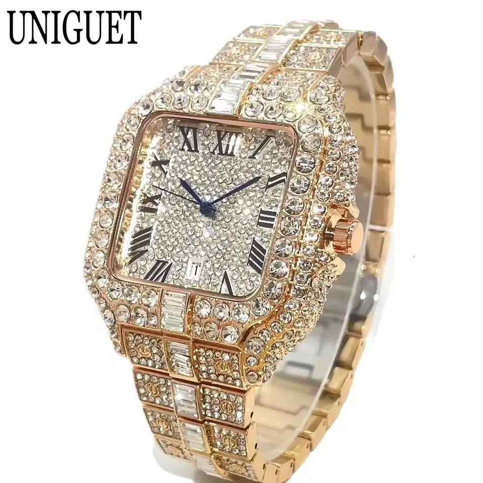 UNIGUET Fashion Watch For Men Rose Square Iced Out Quartz Watch Man Hip Hop Full Diamond Jewelry Wristwatch Reloj HombreU 251107