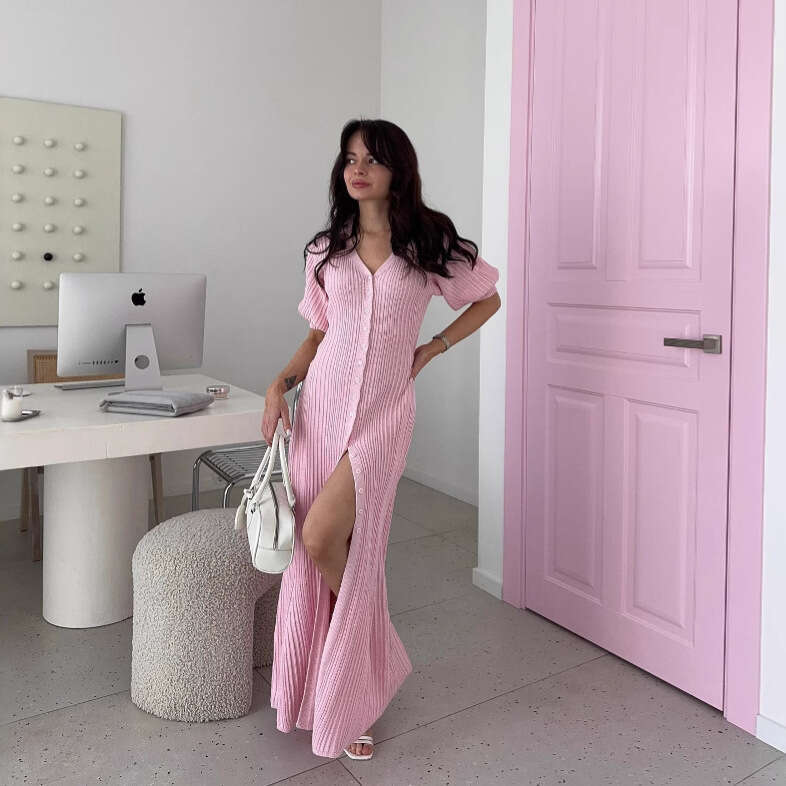 Puff Sleeve Single-Breasted Lemon Yellow Fashion Spring Summer Sexy Knit Dress B5